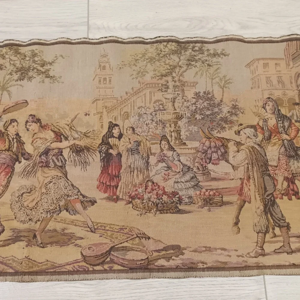 vintage Belgian wall hanging tapestry depicting dancing celebration town square
